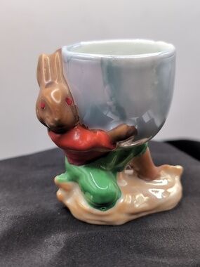 Vintage Japanese Hand Painted Porcelain Lusterware Bunny Rabbit Egg Cup Holder
